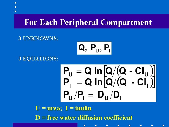 For Each Peripheral Compartment 3 UNKNOWNS: 3 EQUATIONS: U = urea; I = inulin