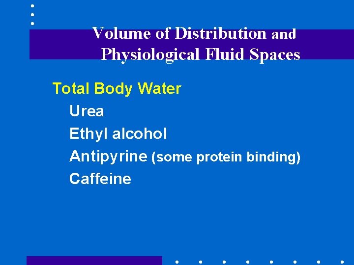Volume of Distribution and Physiological Fluid Spaces Total Body Water Urea Ethyl alcohol Antipyrine
