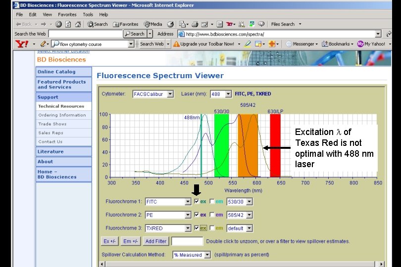 Excitation l of Texas Red is not optimal with 488 nm laser 