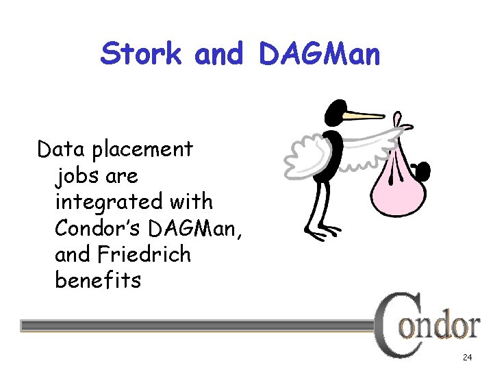 Stork and DAGMan Data placement jobs are integrated with Condor’s DAGMan, and Friedrich benefits