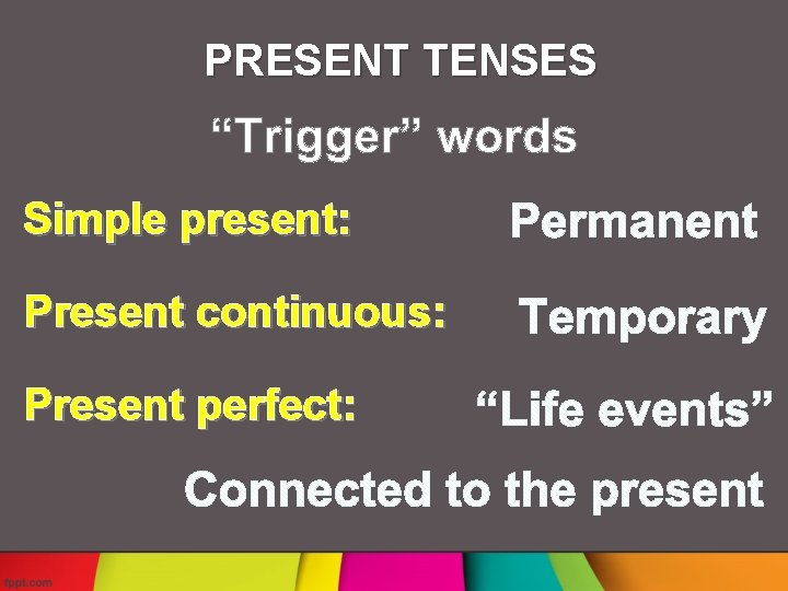 PRESENT TENSES Simple present: Present continuous: Present perfect: 