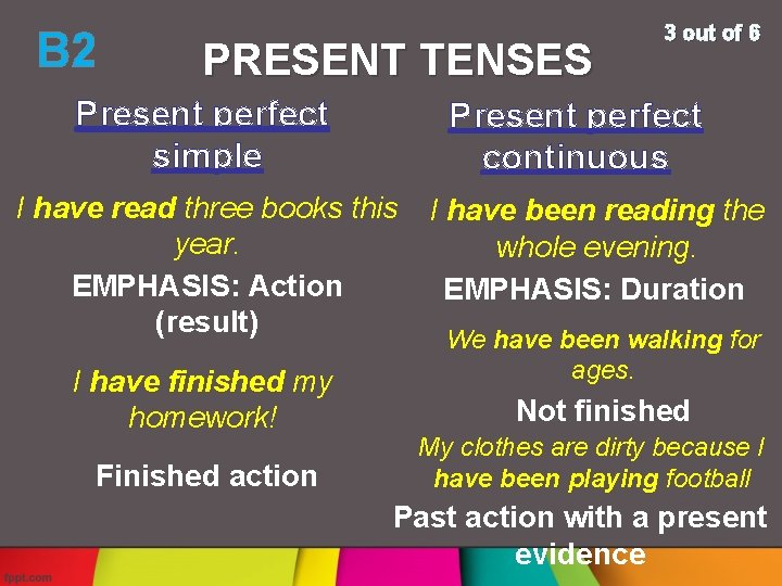 B 2 PRESENT TENSES Present perfect simple 3 out of 6 Present perfect continuous