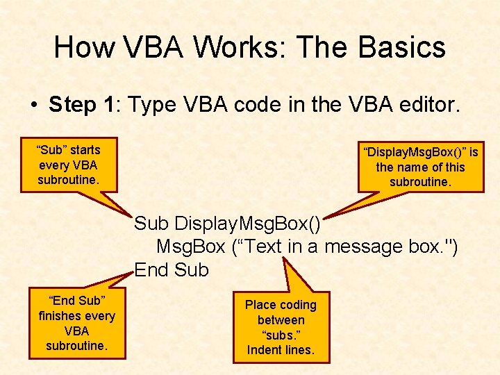 How VBA Works: The Basics • Step 1: Type VBA code in the VBA