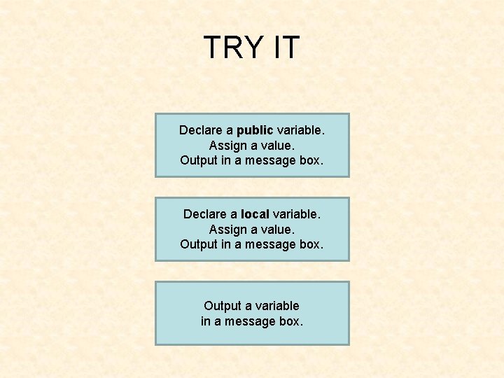 TRY IT Declare a public variable. Assign a value. Output in a message box.