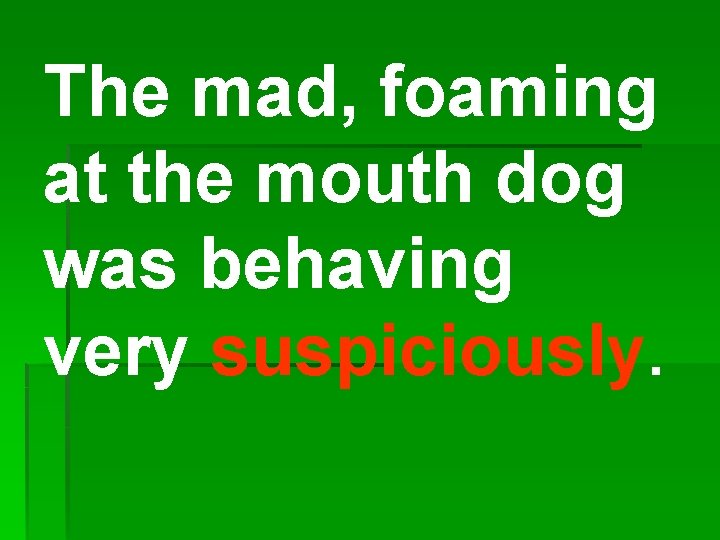 The mad, foaming at the mouth dog was behaving very suspiciously. 