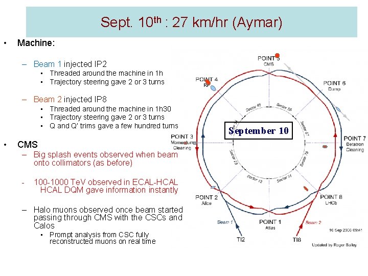 Sept. 10 th : 27 km/hr (Aymar) • Machine: – Beam 1 injected IP