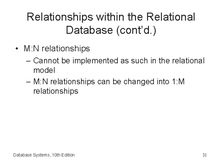 Relationships within the Relational Database (cont’d. ) • M: N relationships – Cannot be