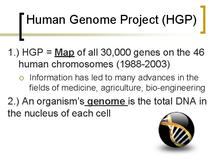 Human Genome Project (HGP) 1. ) HGP = Map of all 30, 000 genes