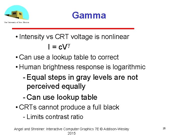 Gamma • Intensity vs CRT voltage is nonlinear I = c. Vg • Can
