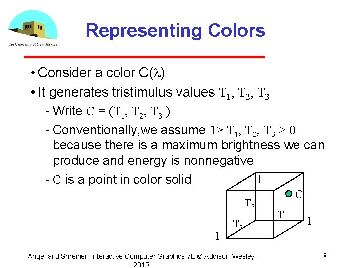 Representing Colors • Consider a color C(l) • It generates tristimulus values T 1,