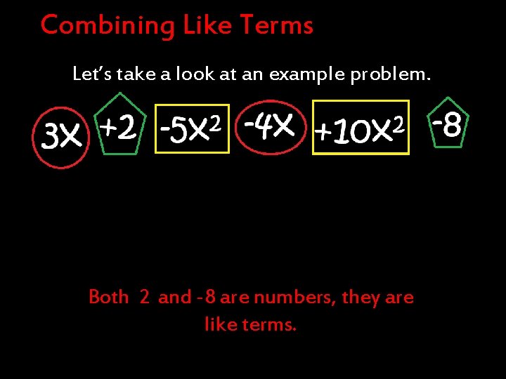 Combining Like Terms Let’s take a look at an example problem. Both 2 and