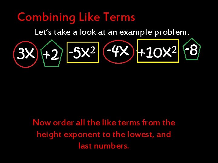 Combining Like Terms Let’s take a look at an example problem. Now order all