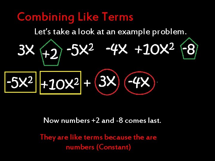Combining Like Terms Let’s take a look at an example problem. + Now numbers