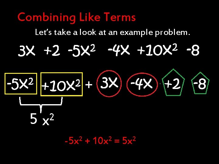 Combining Like Terms Let’s take a look at an example problem. + 5 x