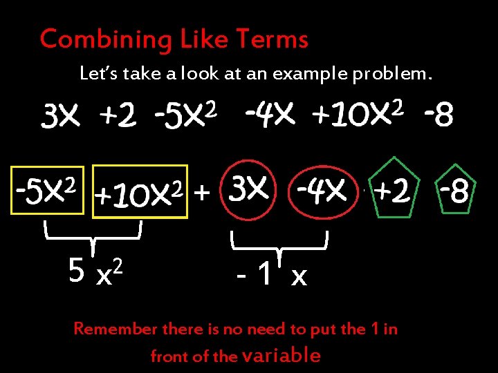 Combining Like Terms Let’s take a look at an example problem. + 5 x