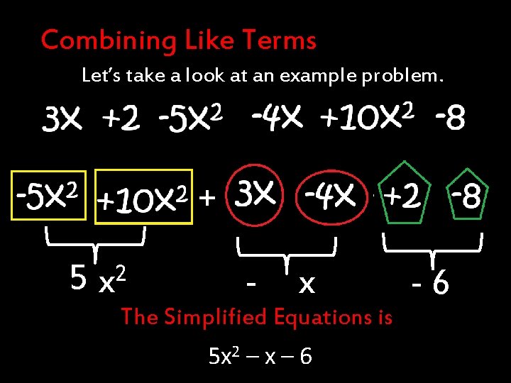 Combining Like Terms Let’s take a look at an example problem. + 5 x