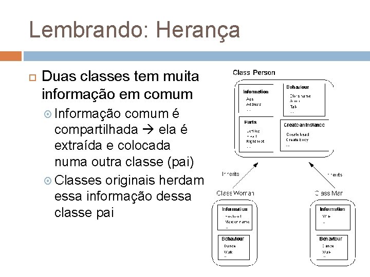 Lembrando: Herança Duas classes tem muita informação em comum Informação comum é compartilhada ela