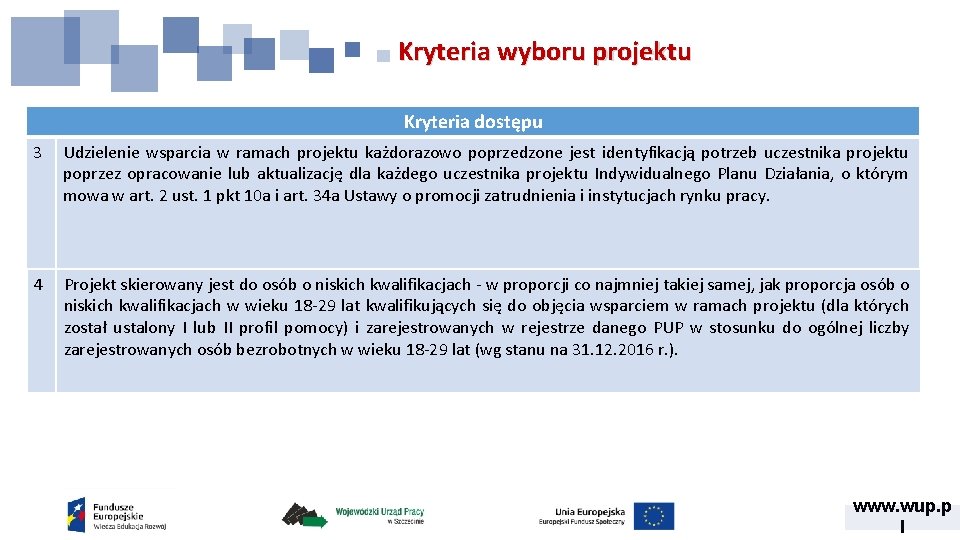 Kryteria wyboru projektu Kryteria dostępu 3 Udzielenie wsparcia w ramach projektu każdorazowo poprzedzone jest