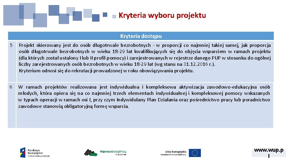 Kryteria wyboru projektu Kryteria dostępu 5 Projekt skierowany jest do osób długotrwale bezrobotnych -