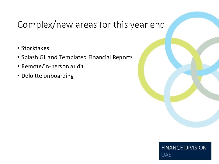 Complex/new areas for this year end • Stocktakes • Splash GL and Templated Financial