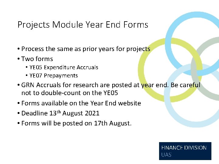 Projects Module Year End Forms • Process the same as prior years for projects