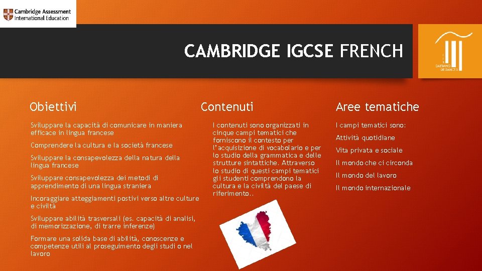 CAMBRIDGE IGCSE FRENCH Obiettivi Sviluppare la capacità di comunicare in maniera efficace in lingua