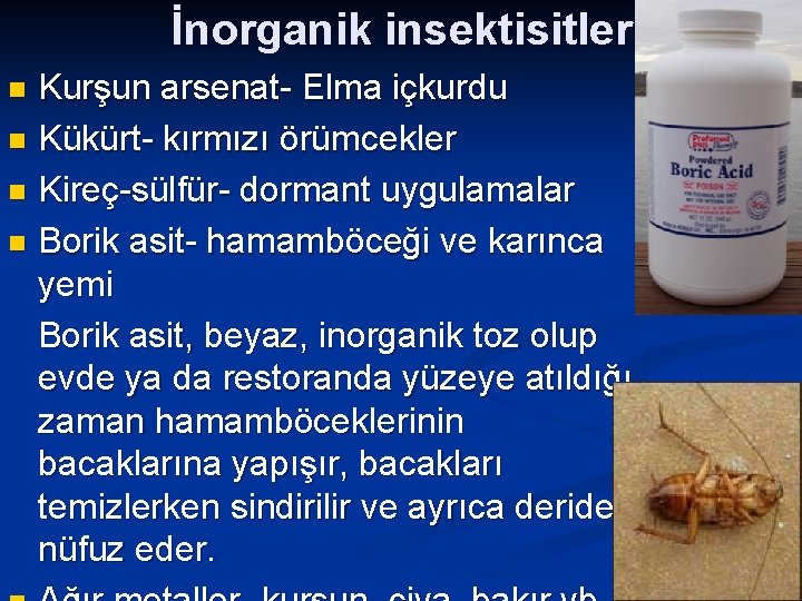 İnorganik insektisitler Kurşun arsenat- Elma içkurdu n Kükürt- kırmızı örümcekler n Kireç-sülfür- dormant uygulamalar