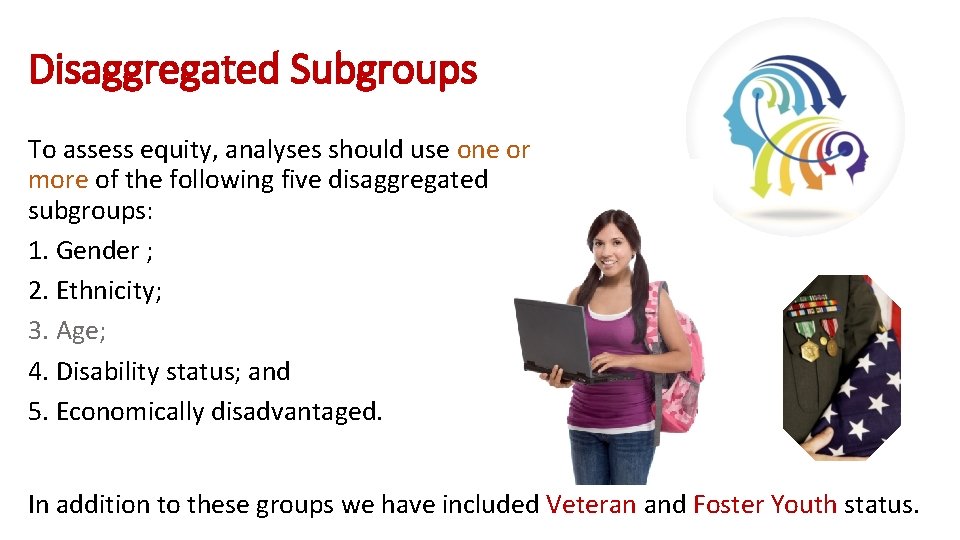 Disaggregated Subgroups To assess equity, analyses should use one or more of the following