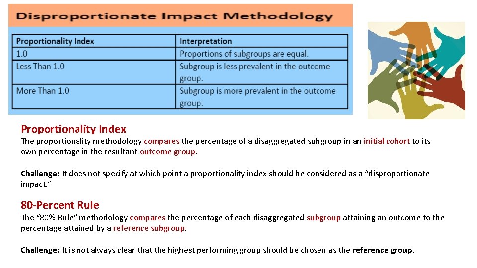 Proportionality Index The proportionality methodology compares the percentage of a disaggregated subgroup in an