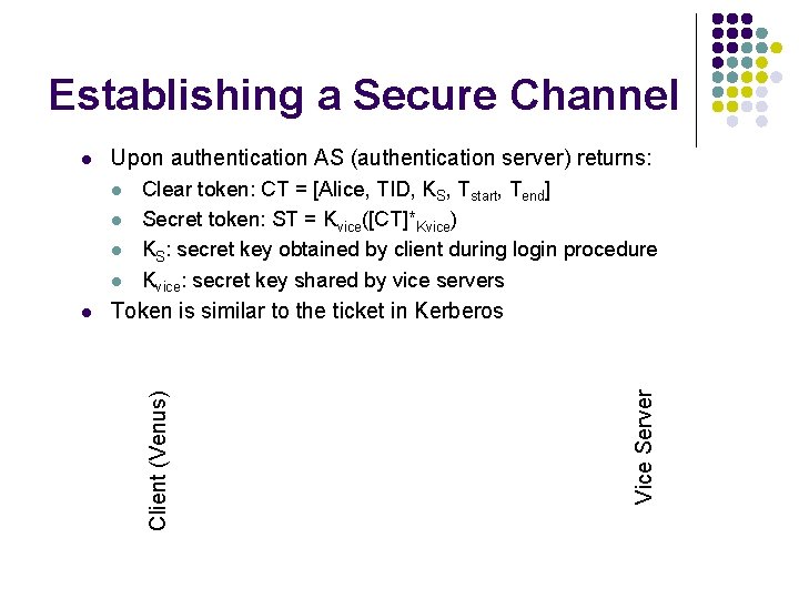 Establishing a Secure Channel Upon authentication AS (authentication server) returns: l l Token is