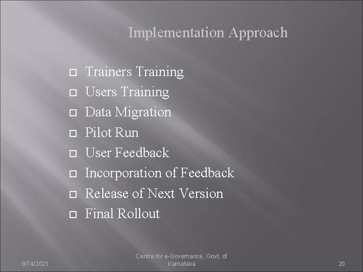 Implementation Approach 9/14/2021 Trainers Training Users Training Data Migration Pilot Run User Feedback Incorporation
