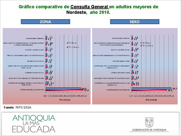 Gráfico comparativo de Consulta General en adultos mayores de Nordeste, año 2010. ZONA Fuente: