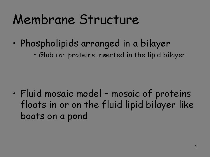 Membrane Structure • Phospholipids arranged in a bilayer • Globular proteins inserted in the