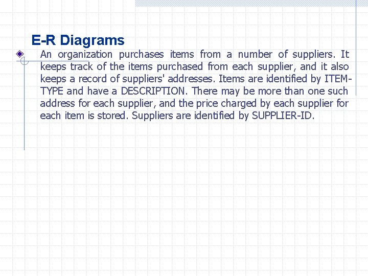 E-R Diagrams An organization purchases items from a number of suppliers. It keeps track