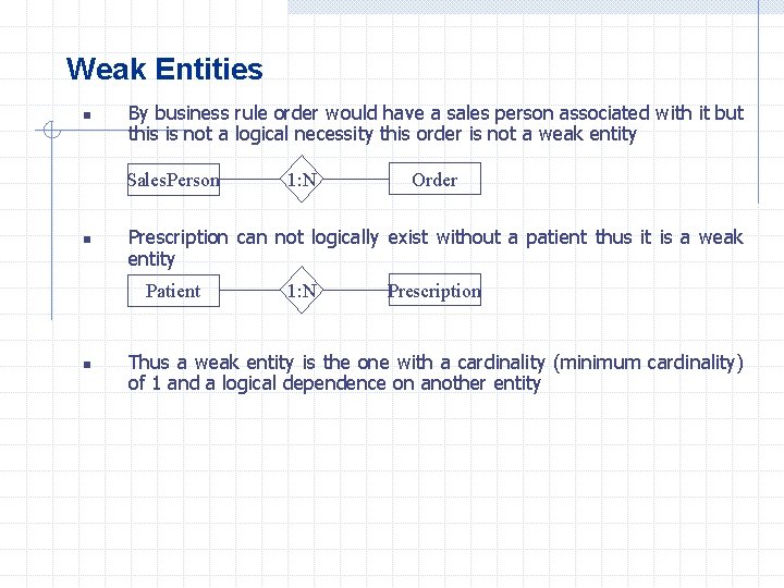 Weak Entities n By business rule order would have a sales person associated with