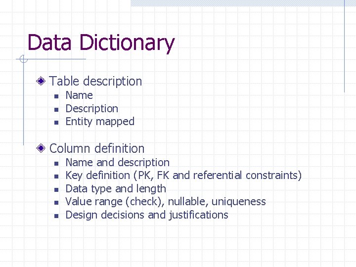Data Dictionary Table description n Name Description Entity mapped Column definition n n Name