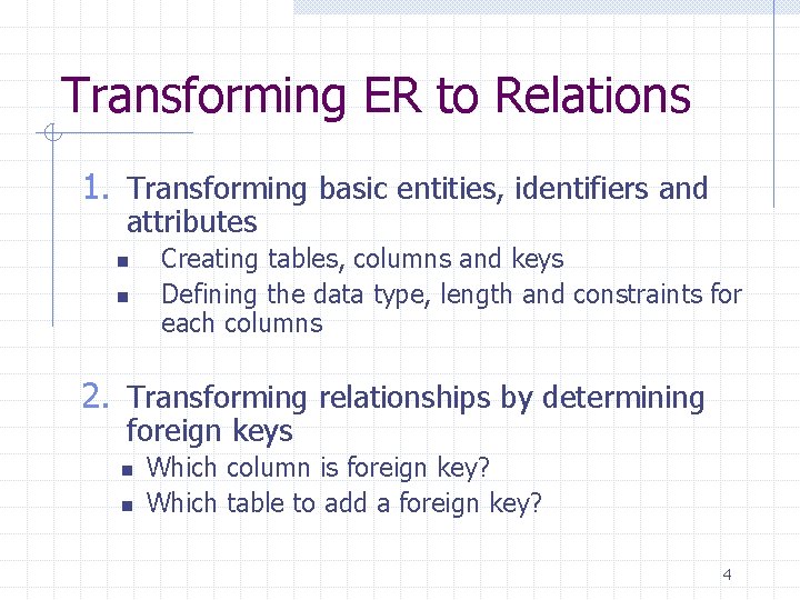 Transforming ER to Relations 1. Transforming basic entities, identifiers and attributes n n Creating