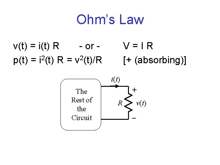 Ohm’s Law v(t) = i(t) R - or p(t) = i 2(t) R =