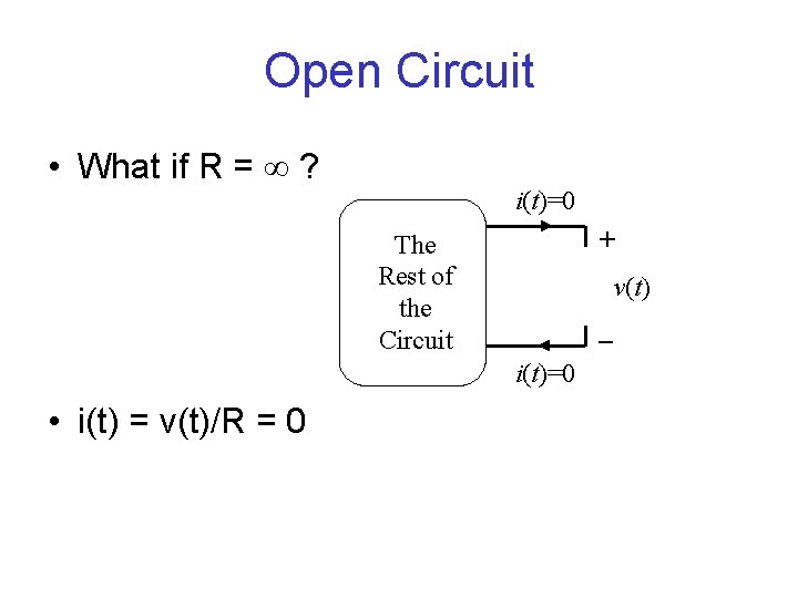 Open Circuit • What if R = ? i(t)=0 + The Rest of the
