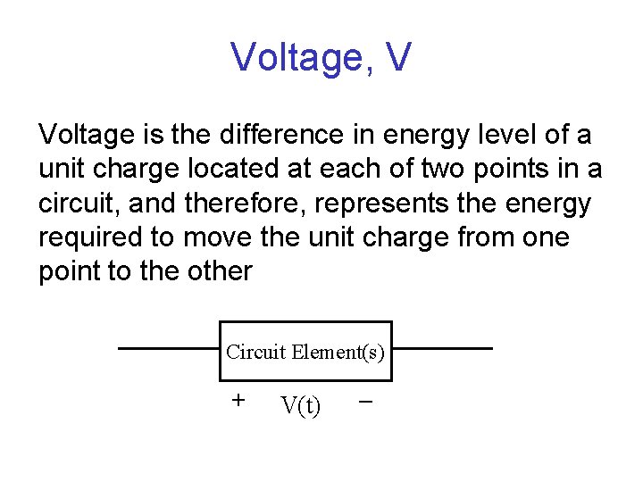 Voltage, V Voltage is the difference in energy level of a unit charge located