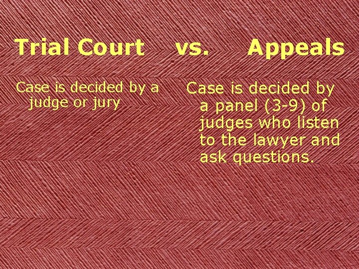 Trial Court Case is decided by a judge or jury vs. Appeals Case is