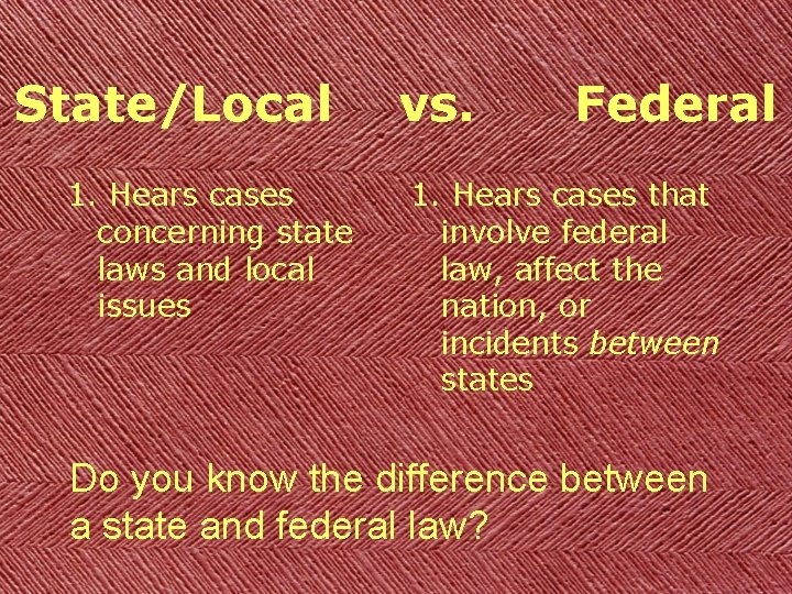 State/Local 1. Hears cases concerning state laws and local issues vs. Federal 1. Hears