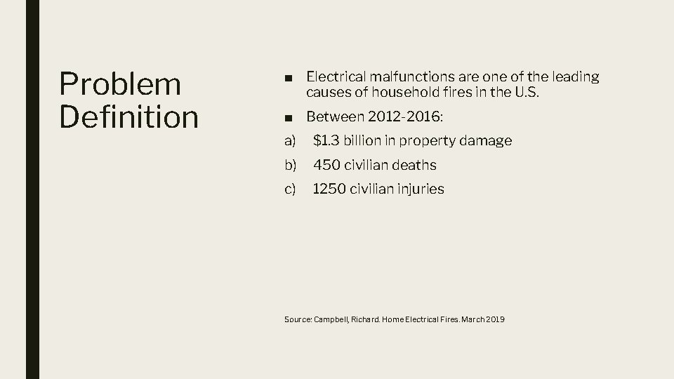 Problem Definition ■ Electrical malfunctions are one of the leading causes of household fires