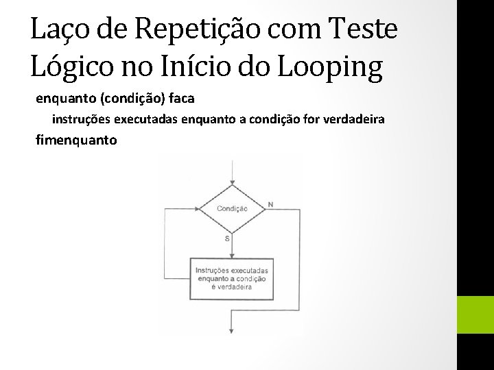 Laço de Repetição com Teste Lógico no Início do Looping enquanto (condição) faca instruções