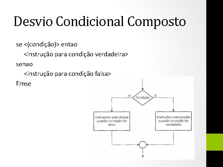 Desvio Condicional Composto se <(condição)> entao <instrução para condição verdadeira> senao <instrução para condição