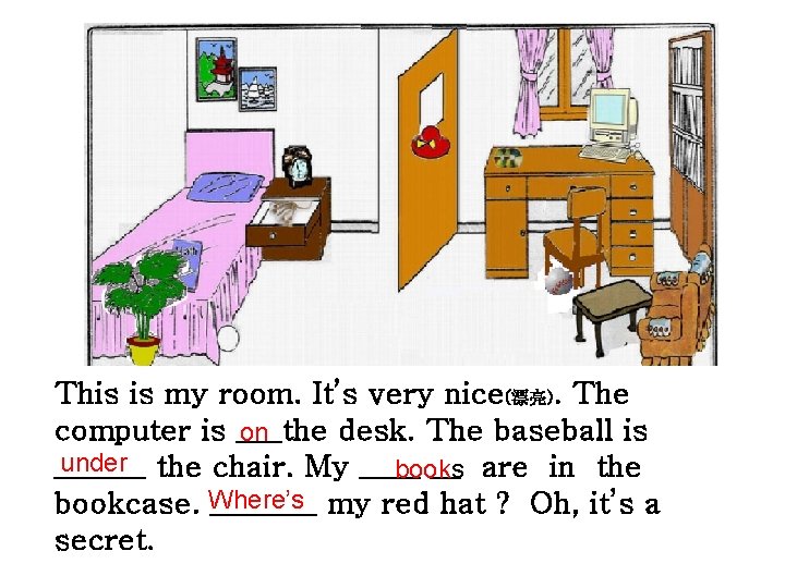 This is my room. It’s very nice(漂亮). The computer is ___the desk. The baseball