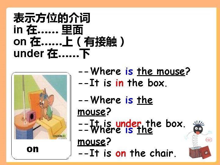 表示方位的介词 in 在…… 里面 on 在……上（有接触） under 在……下 --Where is the mouse? --It is