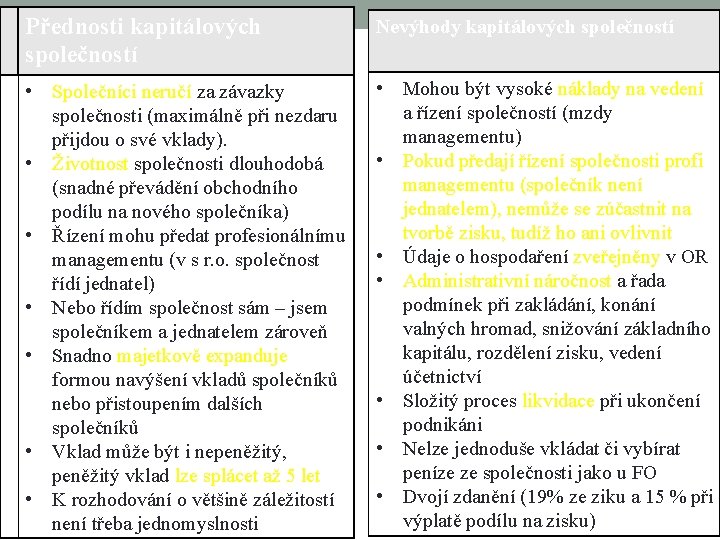 21 Přednosti kapitálových společností Nevýhody kapitálových společností • Společníci neručí za závazky společnosti (maximálně