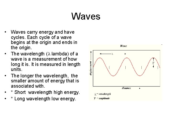 Waves • Waves carry energy and have cycles. Each cycle of a wave begins