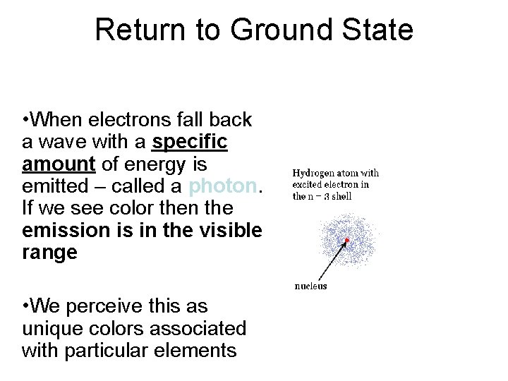 Return to Ground State • When electrons fall back a wave with a specific
